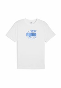 Hvid bomulds T-shirt med et lyseblåt cirkulært grafisk motiv, hvor "PUMA"-teksten og et palmetrædesign er placeret i midten. Rund hals med korte ærmer.
