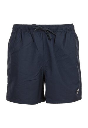 Bañador corto azul marino con cintura elástica y cordón frontal, con un pequeño logo blanco en la parte inferior de la pierna izquierda.