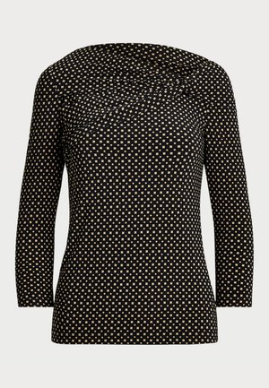 Top nero lavorato a maglia con maniche a tre quarti, caratterizzato da un motivo geometrico a quadrati dorati e una scollatura drappeggiata.