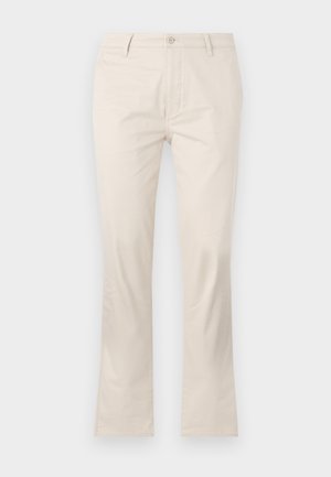 Pantaloni beige in cotone con design a gamba dritta, dotati di chiusura con bottone, passanti per cintura e tasche laterali.