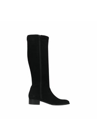 Knee-high black suede boots with a side zipper, flat heel, and a smooth texture, designed for comfort and ease of wear.