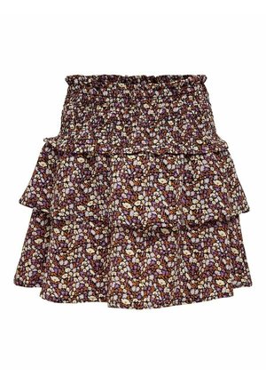 Mini nederdel med blomsterprint, smocket taljebånd og lagdelte flæser i brune, lilla og cremefarvede nuancer.