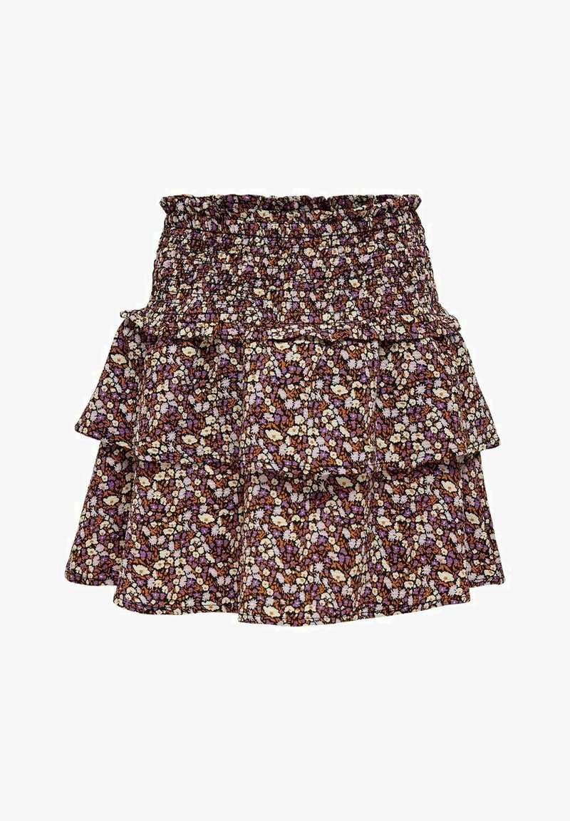 Jupe courte à motifs floraux avec taille smockée et couches à volants en marron, violet et crème.