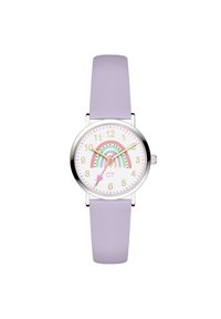 Runde Uhr mit einem weißen Zifferblatt, lavendelfarbenem Lederarmband, goldenen Stundenmarkierungen und einem Regenbogengrafik. Mit einem kleinen Herz am Boden.
