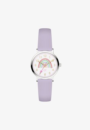 Rond horloge met een witte wijzerplaat, lavendelkleurige leren band, gouden uurmarkeringen en een regenboogafbeelding. Bevat een klein hartje onderaan.