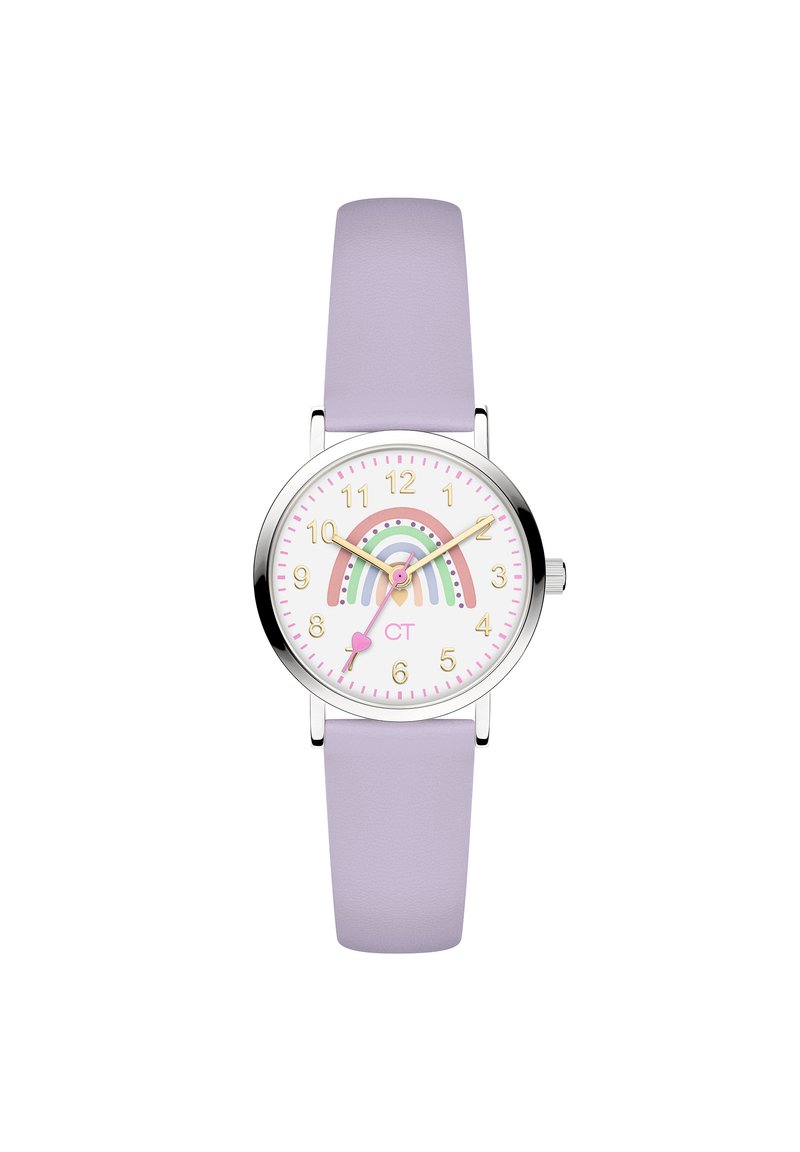 Rond horloge met een witte wijzerplaat, lavendelkleurige leren band, gouden uurmarkeringen en een regenboogafbeelding. Bevat een klein hartje onderaan.