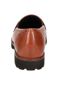 Braune Lederstiefel mit glatter Textur, runder Form, kontrastierender schwarzer Gummisohle und sichtbaren Nähdetails auf der Rückseite.