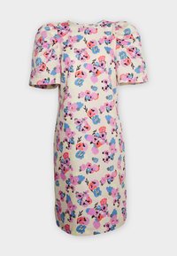 Vestido com estampado floral, apresentando mangas bufantes, decote redondo e um corte a meio comprimento. As cores incluem rosa, azul e creme com detalhes em preto.