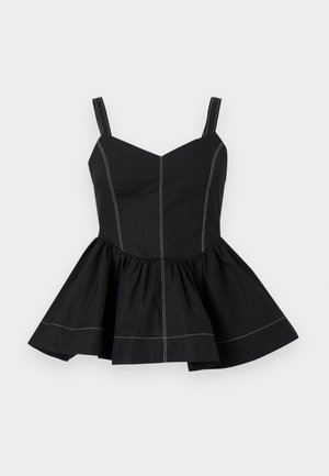 Top peplum noir sans manches avec larges bretelles et surpiqûres blanches contrastantes le long des coutures et de l'ourlet, détail évasé à la taille.