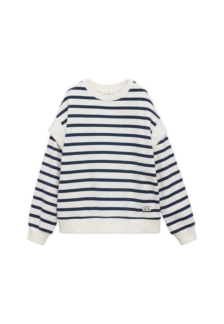Felpa a righe in bianco e blu navy. Tessuto morbido, vestibilità ampia, collo rotondo, polsini e orlo a costine. Piccolo dettaglio del logo in basso.