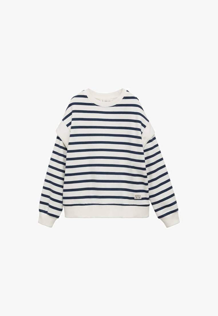 Felpa a righe in bianco e blu navy. Tessuto morbido, vestibilità ampia, collo rotondo, polsini e orlo a costine. Piccolo dettaglio del logo in basso.