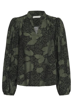 Bluză verde cu un model abstract de frunze negre, mâneci lungi tip puff și un gât cu deschidere tip cheie. Realizată dintr-un material ușor, texturat.