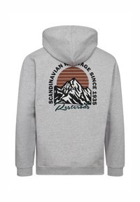 Grå huvtröja med ett grafiskt mönster av berg, sol och text. Tillverkad av mjukt material med en avslappnad passform och huva.