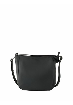 Bolso de mano de cuero negro con una textura suave, forma redondeada, correa para el hombro ajustable y un cierre superior con cremallera para un acceso seguro.