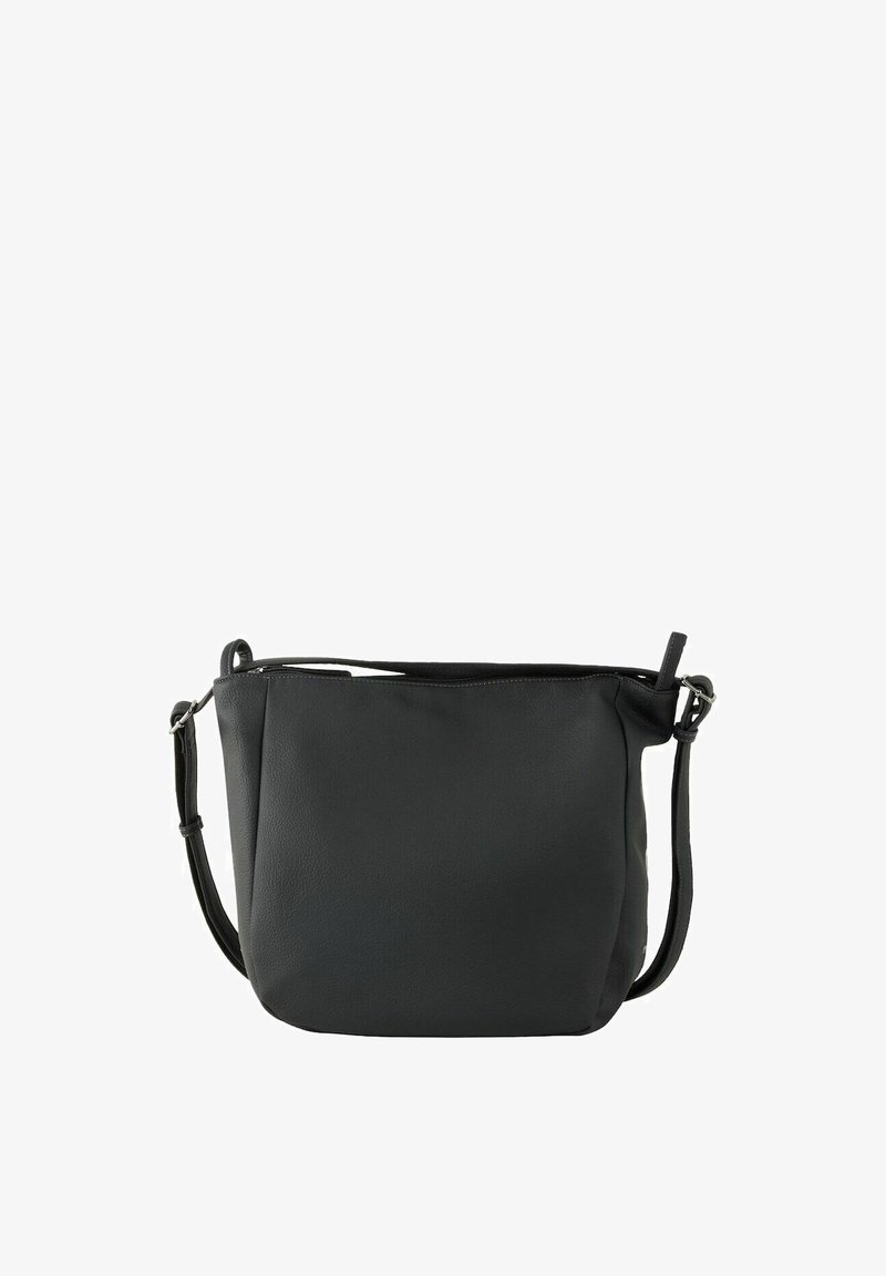 Bolso de mano de cuero negro con una textura suave, forma redondeada, correa para el hombro ajustable y un cierre superior con cremallera para un acceso seguro.