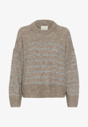 Beige neulepusero, jossa on vaaleansinisiä raitoja. Omistaa pyöreän kaulan, roikottavat olkapäät ja ribbaushelman. Pehmeä, teksturoitu materiaali.