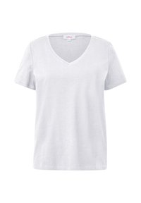 T-shirt en coton blanc avec un col en V et des manches courtes. Texture douce, design décontracté et ourlet droit. Étiquette de marque visible au niveau du col.