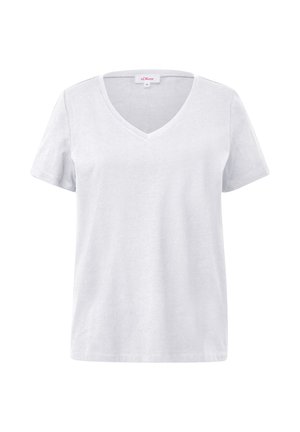 Witte katoenen t-shirt met een v-hals en korte mouwen. Zachte textuur, casual ontwerp en een rechte zoom. Merklabel zichtbaar bij de halslijn.