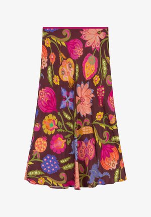 Uitlopende rok met een donkerbruine achtergrond met levendige bloemmotieven in roze, oranje, geel en blauw. Glad stof met een vloeiend ontwerp.