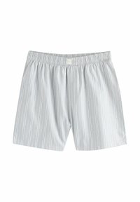 Hellgraue Boxershorts mit vertikalen weißen Streifen, elastischem Bund und glattem Stoff. Keine zusätzlichen Muster oder Akzente sichtbar.