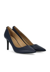 Tacchi alti a punta di colore blu navy con una tomaia in pelle liscia, tacco sottile nero e una finitura liscia, leggermente lucida.