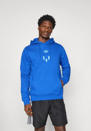 Blue cotton hoodie with a kangaroo pocket and drawstring hood, featuring a light blue logo graphic on the chest. Slim fit.