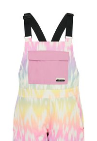 Viacfarebné overall s gradientom tie-dye vzorom v pastelových odtieňoch. Nastaviteľné čierne ramenné popruhy a detail vrecka na klopu v ružovej farbe.