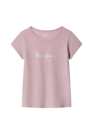 T-shirt a maniche corte color malva chiaro con scollo rotondo e logo "Pepe Jeans London" glitter argento centrato sul davanti.