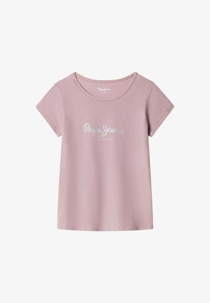 Jasnofioletowy t-shirt z krótkim rękawem, okrągłym dekoltem i srebrnym brokatowym logo "Pepe Jeans London" umieszczonym na środku przodu.