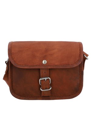 Brown leather crossbody bag with a flap, buckle closure, and silver hardware. Textured surface with visible stitching. Compact rectangular shape.