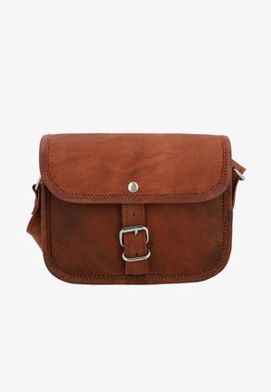 Bruine leren schoudertas met een flap, sluiting met een gesp en zilveren accenten. Geweven oppervlak met zichtbare stiksels. Compacte rechthoekige vorm.