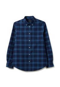 Navy blue plaid long-sleeve button-up shirt with a button-down collar and chest pocket, laid flat on a white background.
