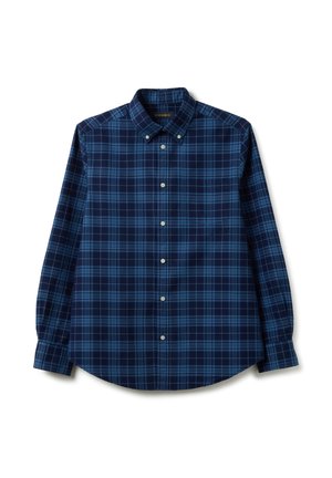 Navy blue plaid long-sleeve button-up shirt with a button-down collar and chest pocket, laid flat on a white background.