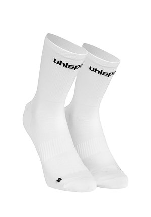 Pair of white mid-calf sports socks with black "uhlsport" logo near the top and textured knit pattern on foot and ankle areas.