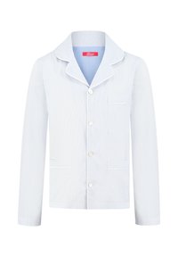 Striped pajama jacket in light blue and white. Features a notched collar, button closure, and two front pockets with subtle stitching details.