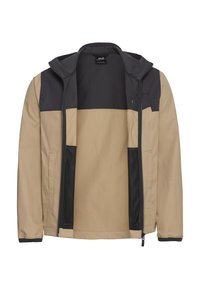 Beige-schwarze Kapuzenjacke mit Frontreißverschluss, langen Ärmeln und seitlichen Taschen, gezeigt geöffnet und mit geöffnetem Reißverschluss.