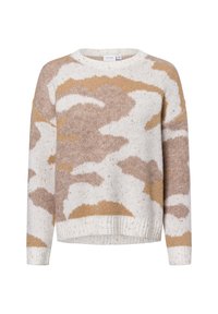 Maglione color crema con un motivo astratto marrone e beige, orlo e polsini a coste. Realizzato in tessuto a maglia testurizzato con scollatura rotonda.