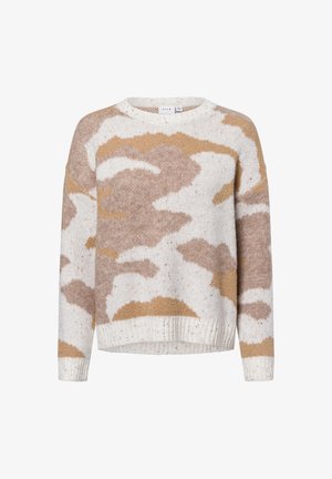 Cremfarbener Pullover mit einem braunen und beigen abstrakten Muster, geripptem Saum und Bündchen. Aus strukturierter Strickware mit Rundhalsausschnitt gefertigt.