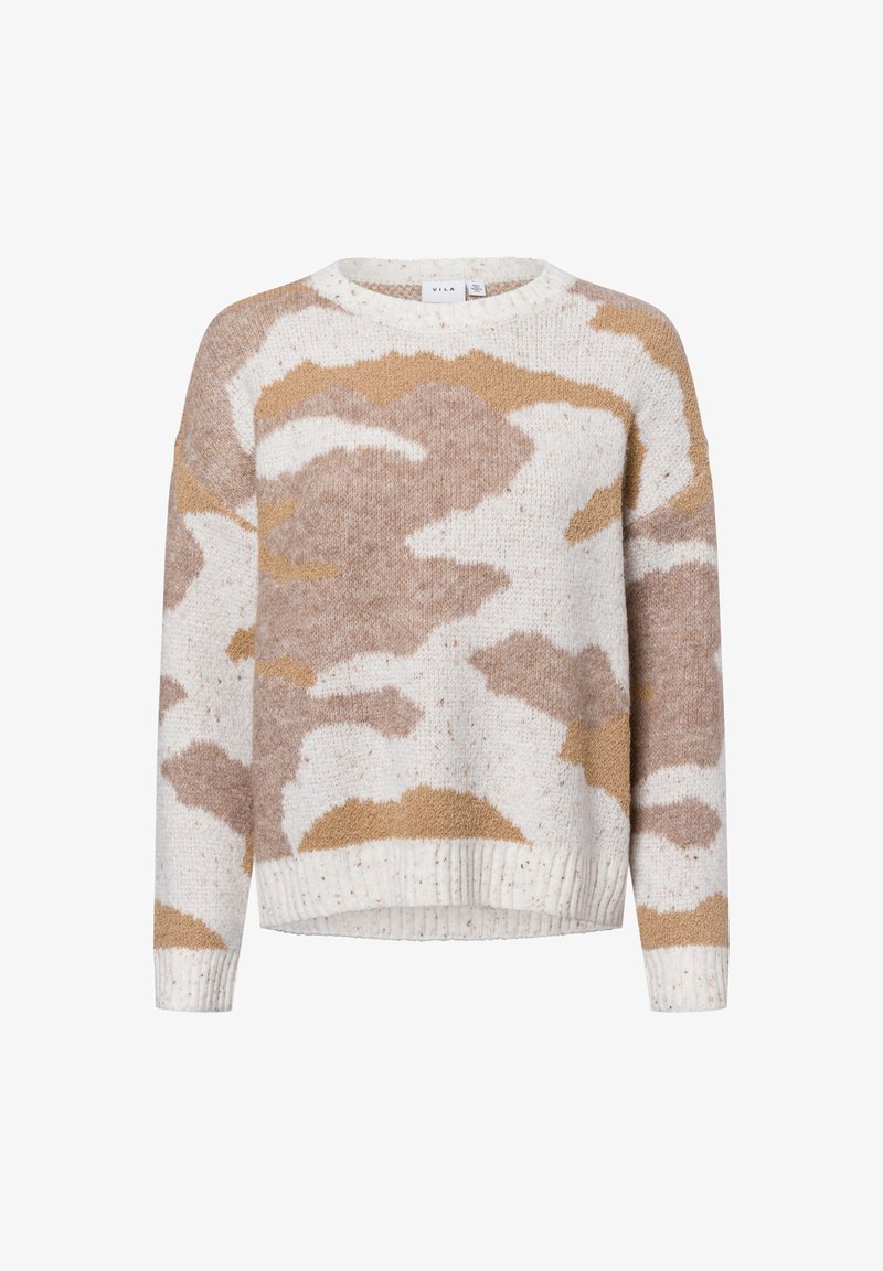 Maglione color crema con un motivo astratto marrone e beige, orlo e polsini a coste. Realizzato in tessuto a maglia testurizzato con scollatura rotonda.