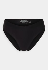Čierne bikiny s vysokým pásom vyrobené z hladkej tkaniny. Obsahujú jemné logo DKNY a etiketu s pokynmi na údržbu vo vnútri.