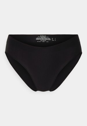 Svart bikini-truse laget av glatt stoff med høy midje-design. Har en subtil DKNY-logo og vaskeanvisning inni.