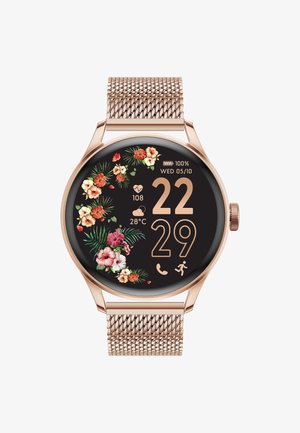 Montre intelligente ronde avec un cadran noir, des accents floraux en or rose, un écran numérique et un bracelet en métal maillé. Comprend des données sur le rythme cardiaque et la météo.