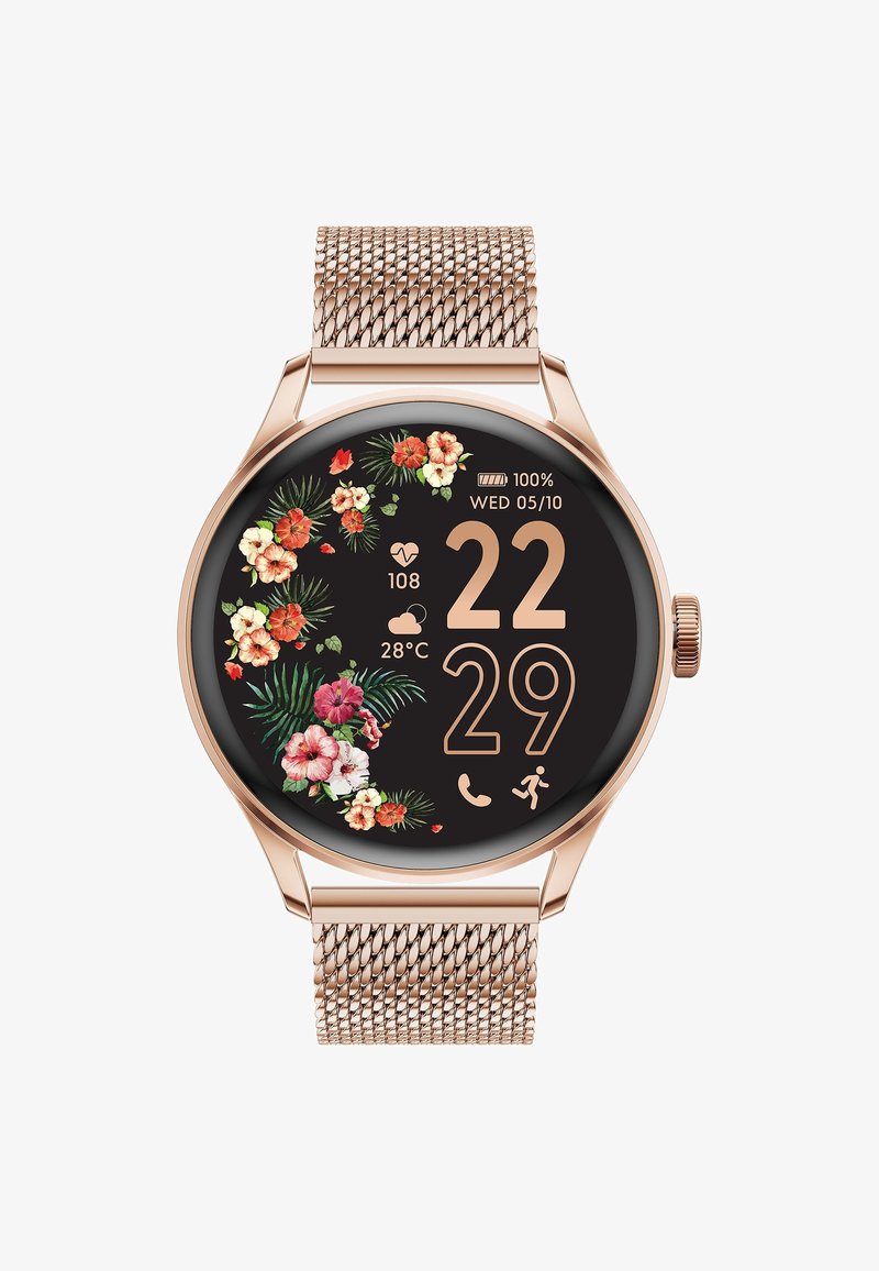 Ronde smartwatch met een zwart gezicht, rosegouden bloemenaccenten, digitale weergave en een metalen mesh-band. Inclusief hartslag- en weersgegevens.