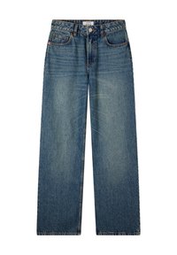 Jeans a gamba larga in denim azzurro chiaro con vita alta, cinque tasche e chiusura con bottone metallico classico. Presentano una leggera scoloritura e dettagli cuciti.