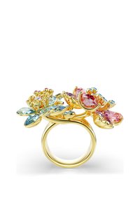Anillo de oro con dos grandes diseños de flores, con piedras preciosas azules, rojas, rosas y moradas engastadas en intrincados pétalos y racimos.