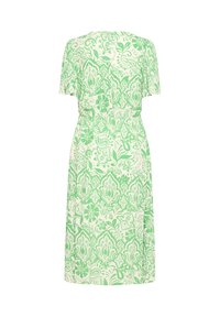 Robe courte à manches courtes, longueur au genou, avec un motif floral et cachemire vert et blanc, taille cintrée et encolure ronde.