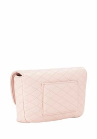 Pochette trapuntata in similpelle rosa con forma rettangolare, dotata di tasca frontale e bordi arrotondati, texture liscia.