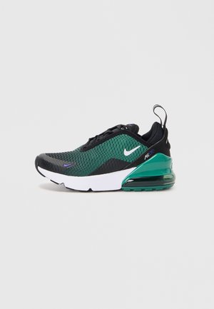 Nike Air Max sporta apavi ar melnu un zaļu sieta augšdaļu, balto starpzoli un redzamu gaisa vienību papēdī ar spīdīgu tirkīza akcentu.