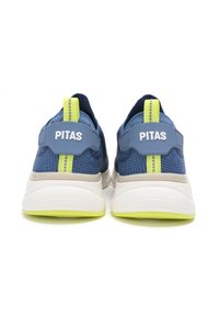 Blue athletic shoes with a textured knit upper, yellow accents, and a white sole. Features branding on the heel and a pull tab.