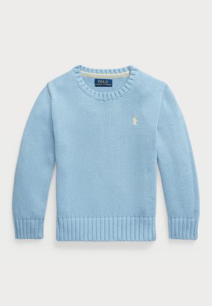 Jasnoniebieski sweter z okrągłym dekoltem, wykonany na drutach, z długimi rękawami i małym żółtym logo Polo Ralph Lauren na piersi.
